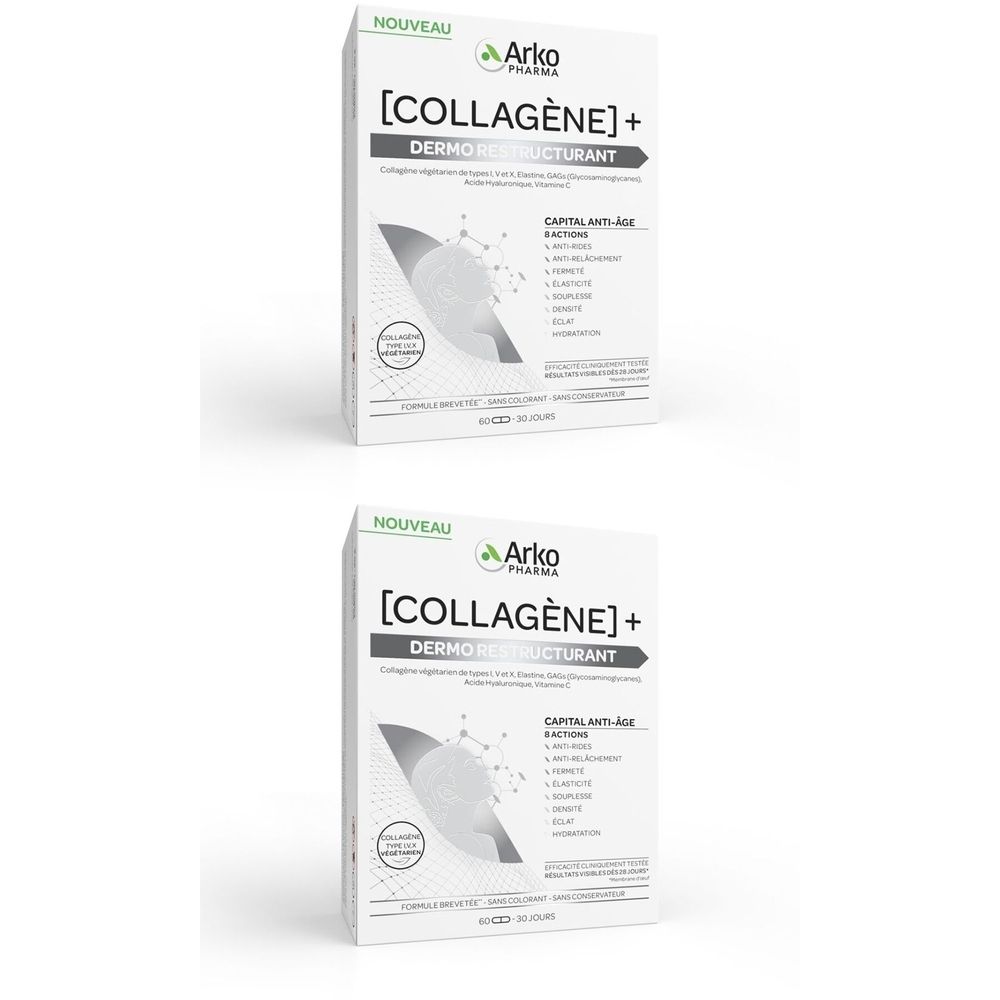 Deux boîtes blanches avec l'inscription "Arko Pharma [COLLAGÈNE] + DERMO RESTUCTURANT". Texte en français.