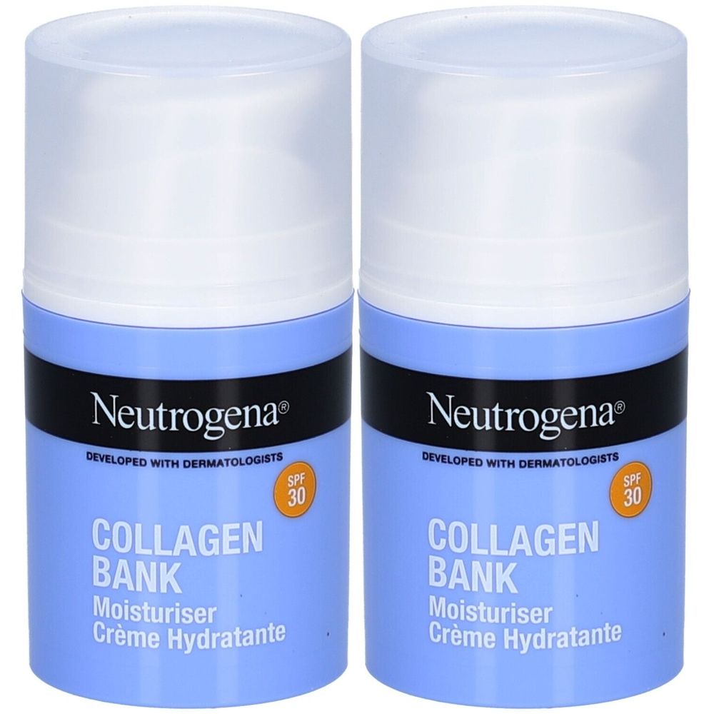 Deux pots bleus avec couvercles blancs. Inscription: Neutrogena Collagen Bank Moisturiser Crème Hydratante SPF 30.