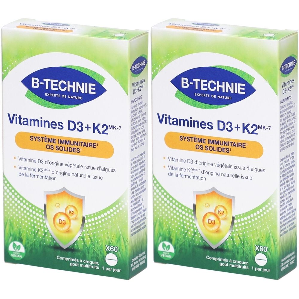 Deux boîtes de B-TECHNIE Vitamines D3+K2. Inscription: Vitamines D3+K2, Système immunitaire OS SOLIDES. Contient 60 comprimés. Design vert et blanc.