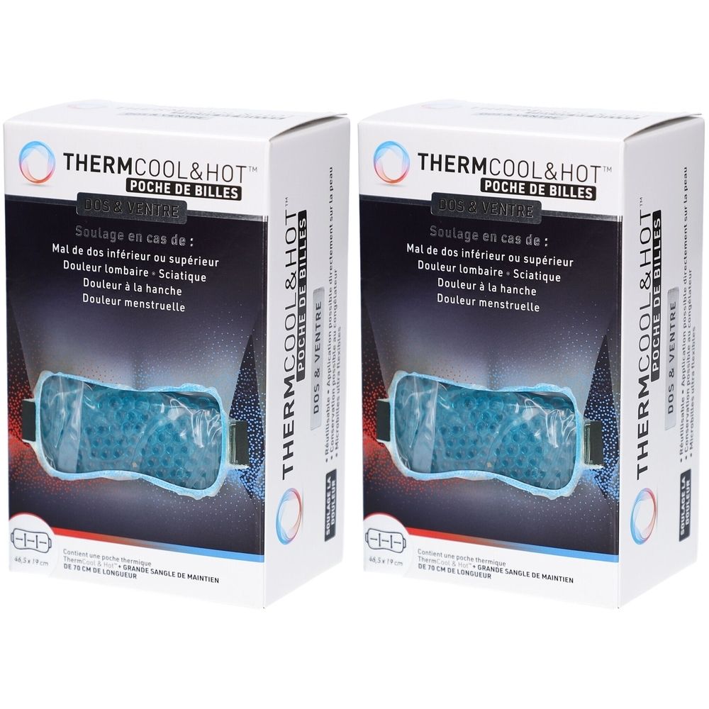 Deux boîtes de poches de billes « THERMCOOL&HOT ». Compresses bleues rectangulaires. Texte : « POCHE DE BILLES » et « DOS & VENTRE ».