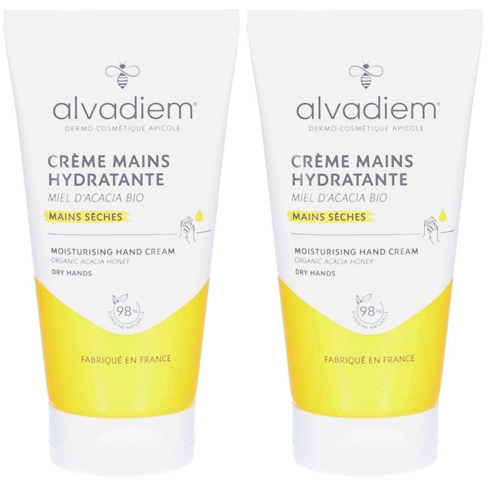 Deux tubes de crème pour les mains. Blanc, avec un accent jaune. Inscription : Crème Mains Hydratante, Miel d'Acacia Bio, Mains Sèches.