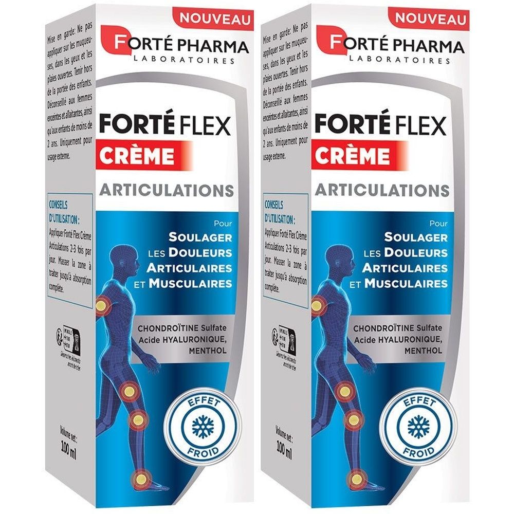 Deux boîtes identiques. Inscription: Forté Flex Crème Articulations. Contient du sulfate de chondroïtine, acide hyaluronique, menthol.