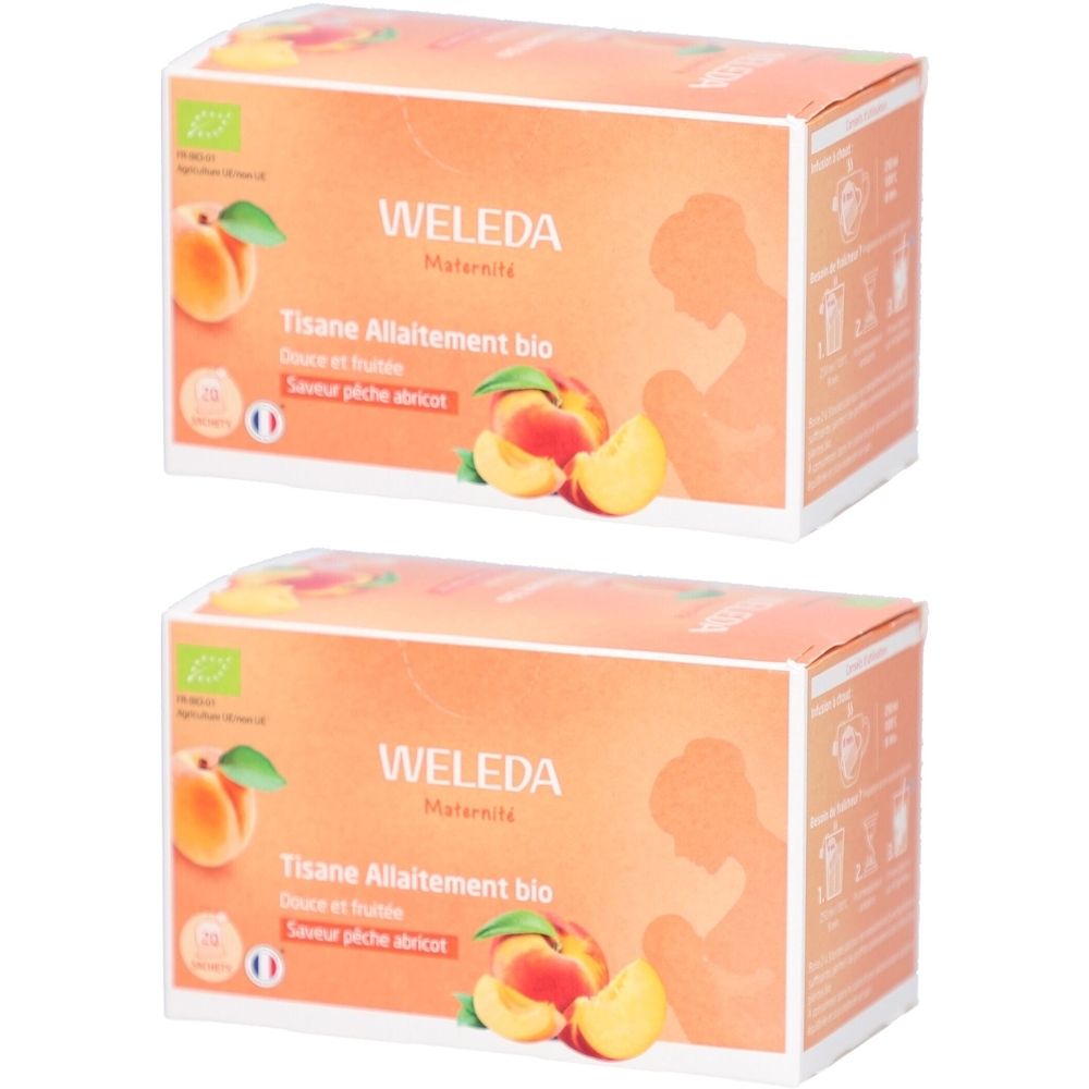 Deux boîtes de tisane WELEDA Allaitement bio. Visuel : pêche et abricot, logo bio. Inscription : 'Tisane Allaitement bio, saveur pêche abricot'.