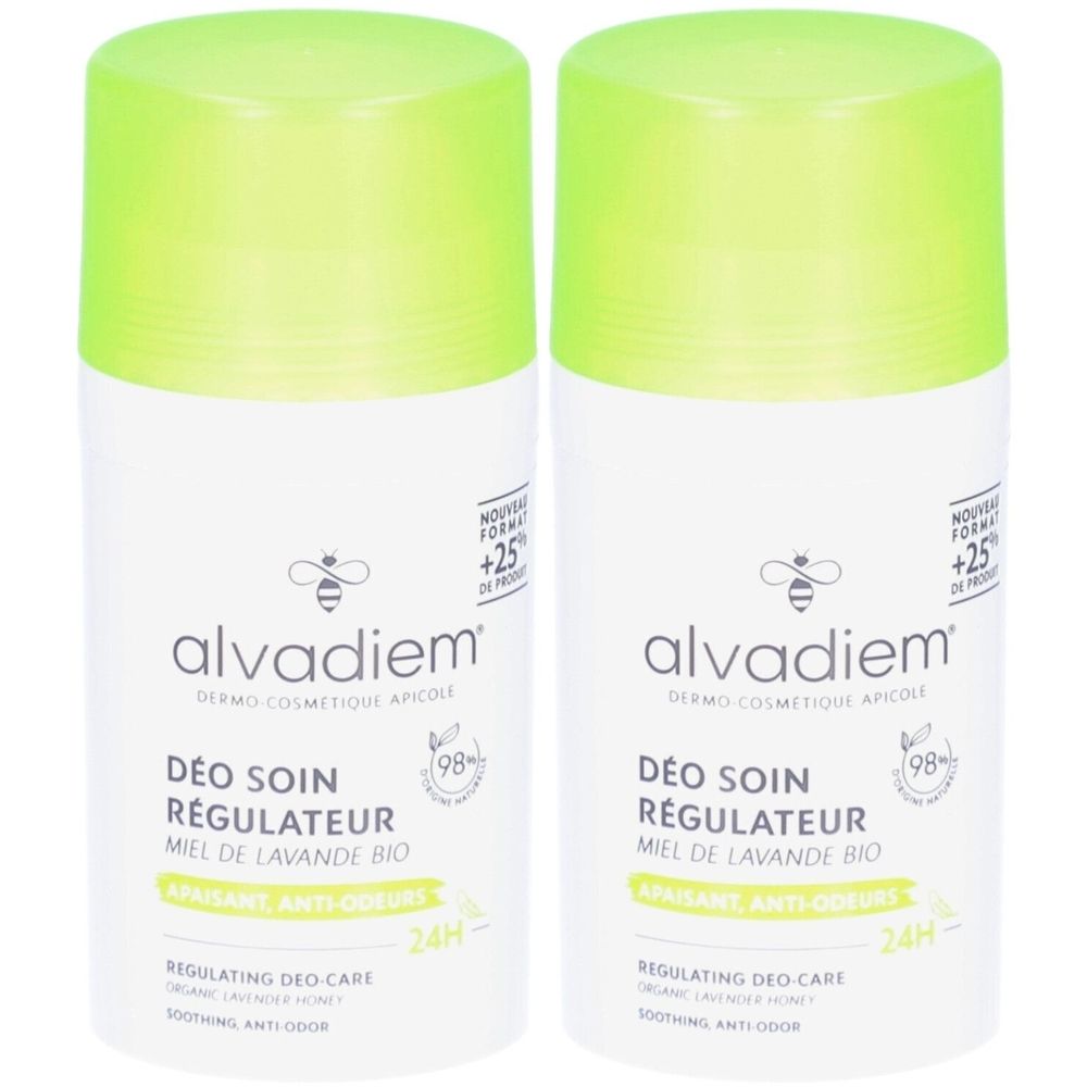 Deux déodorants roll-on blancs avec bouchons verts. Inscription: alvadiem, DÉO SOIN RÉGULATEUR, MIEL DE LAVANDE BIO. Indication 24H.