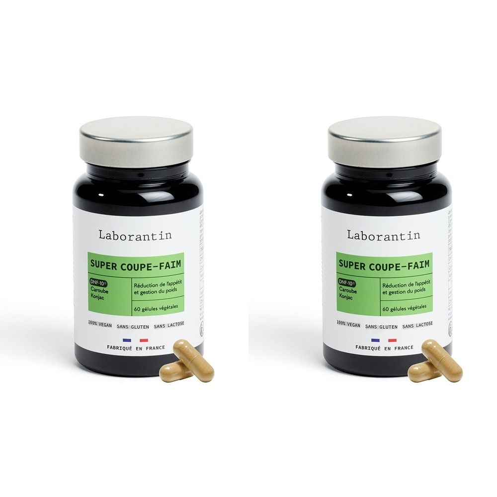 Deux flacons avec couvercles noirs. Inscription: Laborantin, SUPER COUPE-FAIM. Capsules à côté. Fabriqué en France.