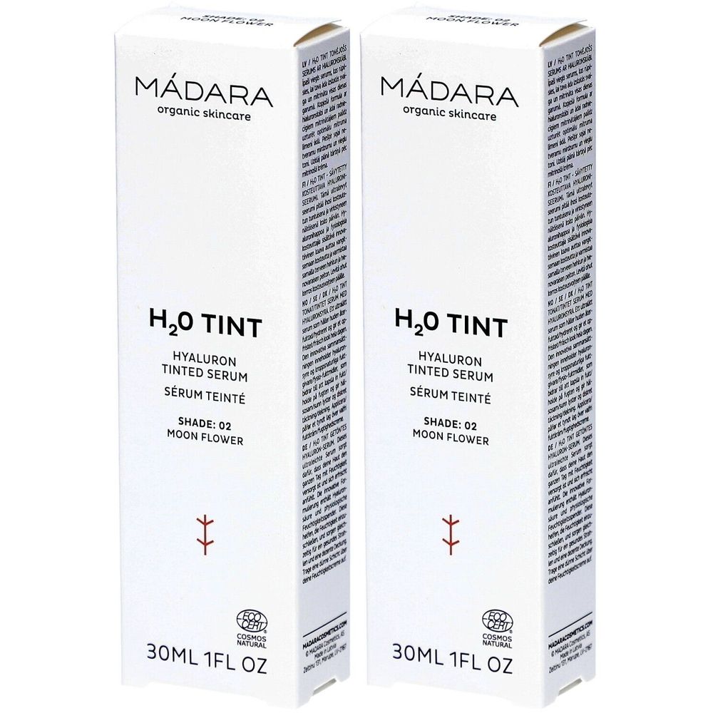 Deux boîtes blanches. Inscriptions: MÁDARA, H2O TINT, Sérum Teinté Hyaluron, Shade: 02 Moon Flower. 30ml. Logo COSMOS NATURAL.