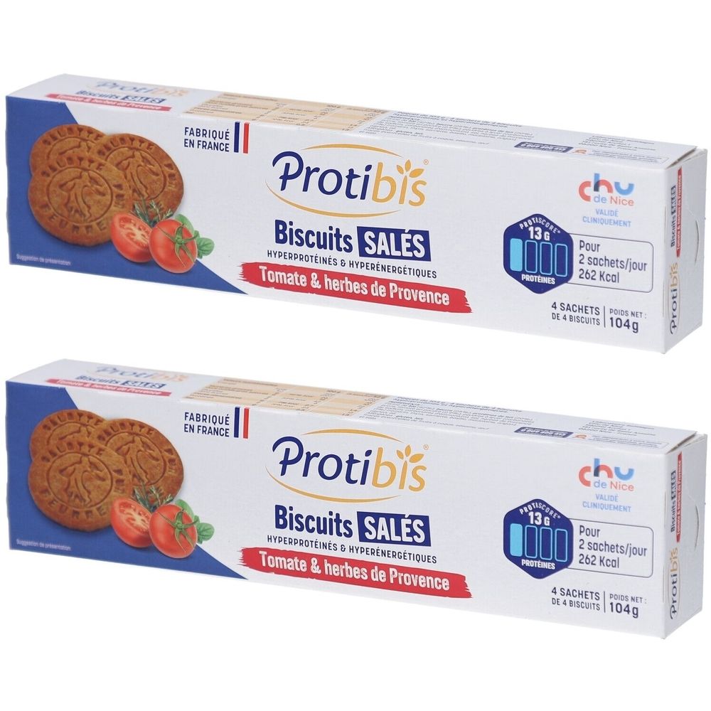 Deux boîtes de Protibis Biscuits Salés, tomate et herbes de Provence. Emballage blanc avec image du produit et texte.