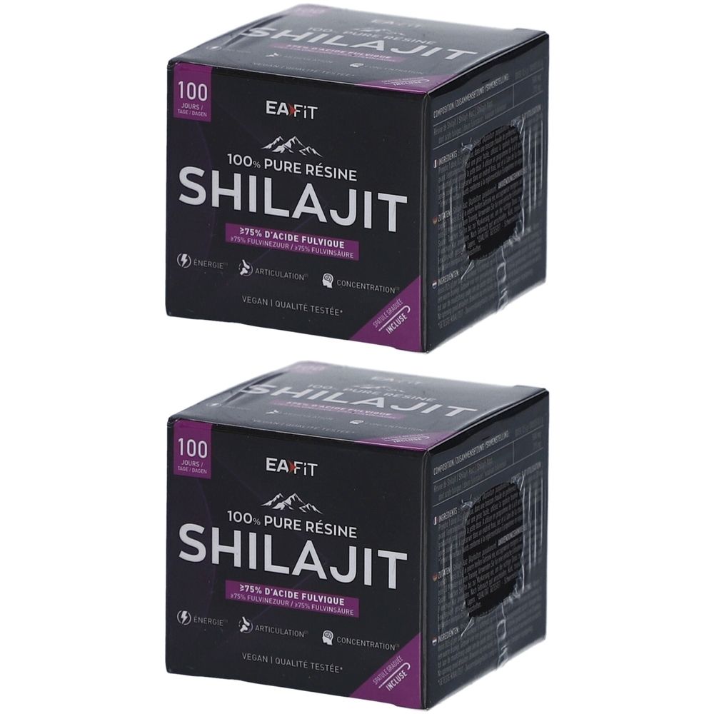Deux boîtes noires avec texte blanc. Inscription: EA FIT, SHILAJIT, 100% PURE RESINE. Accents violets. Vegan.