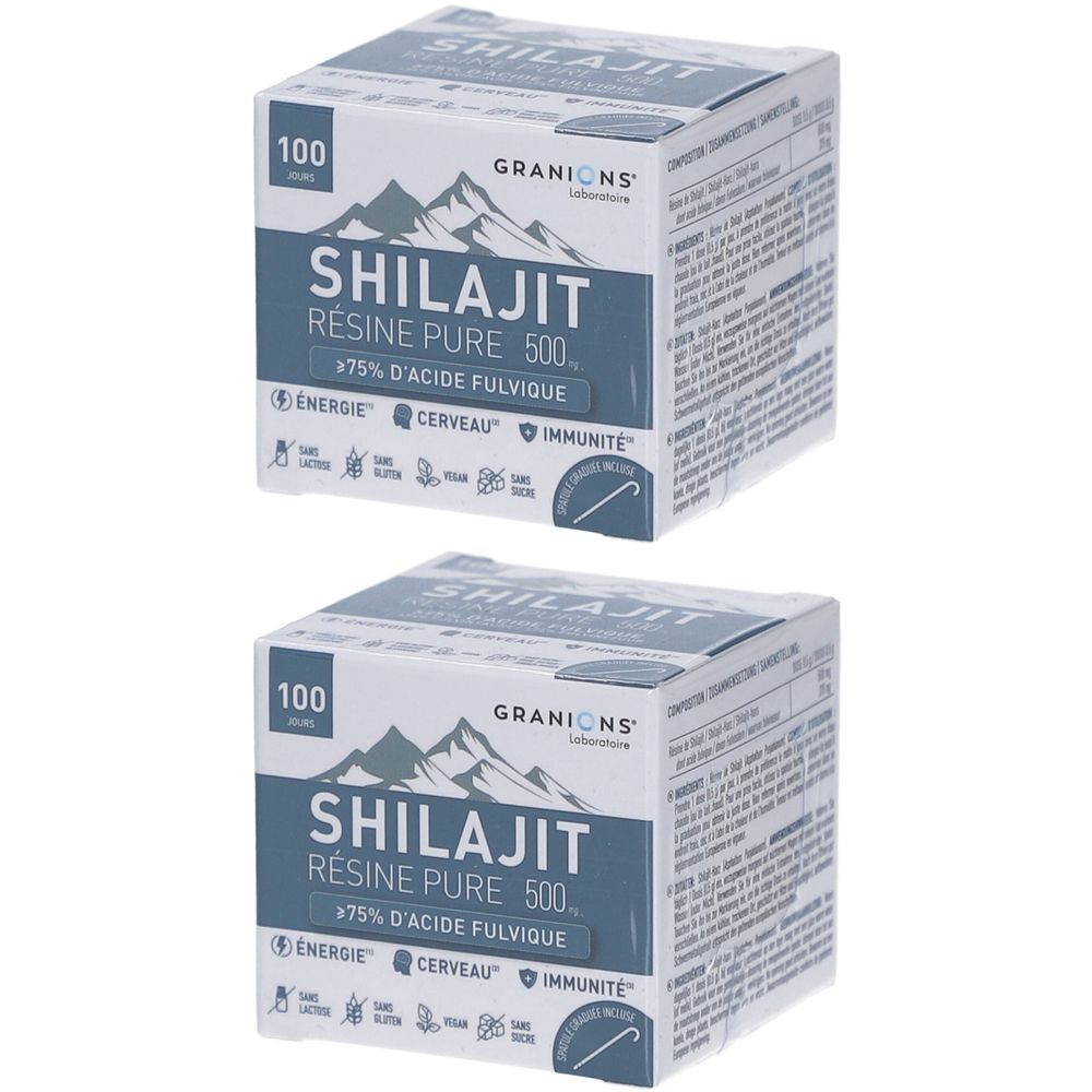 Deux boîtes de produit. Inscription: SHILAJIT RÉSINE PURE 500. GRANIONS. 100 gélules. Plus de 75% d'acide fulvique.