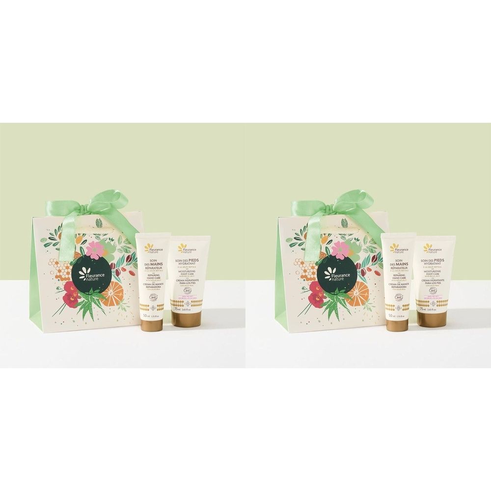 Coffret cadeau avec deux crèmes et un sac fleuri avec nœud. Inscription : Fleurance Nature.