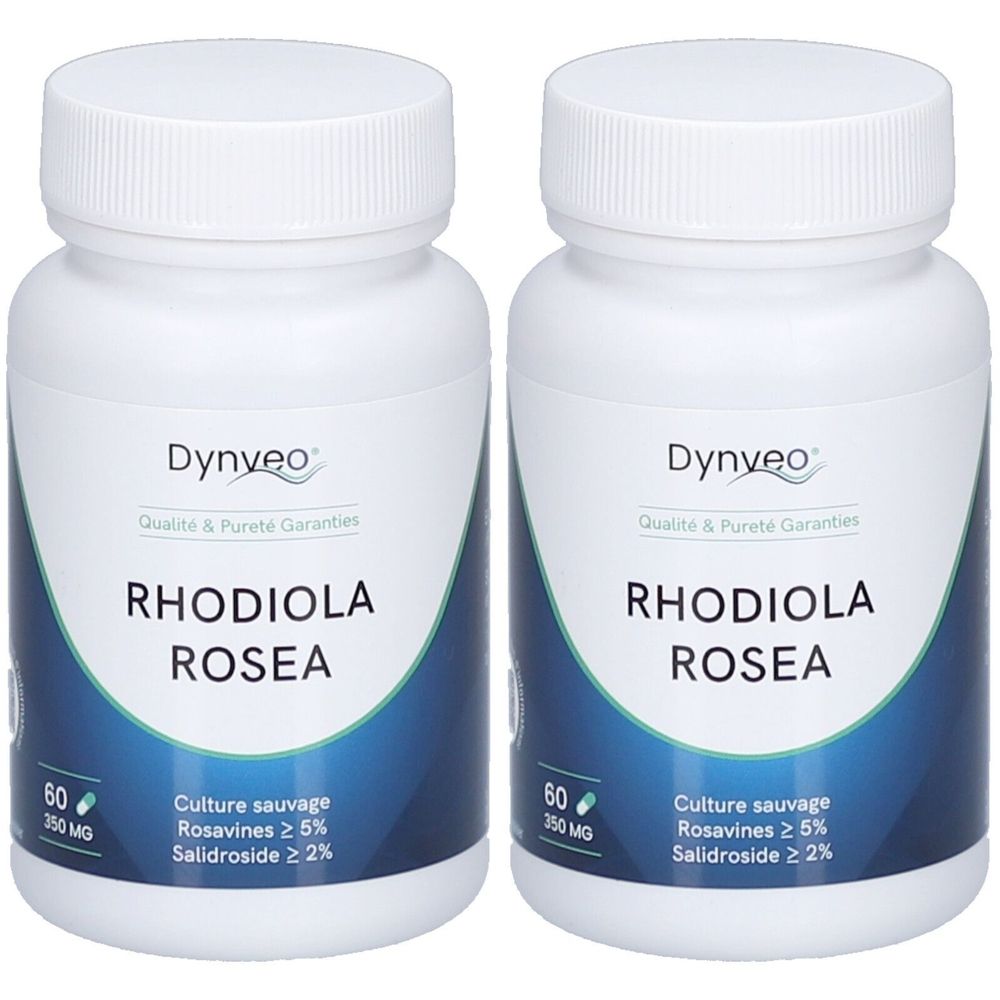 Deux flacons blancs avec bouchons à vis. Sur chacun, "Dynveo RHODIOLA ROSEA". Étiquettes bleues avec texte. 60 gélules, 350 mg.