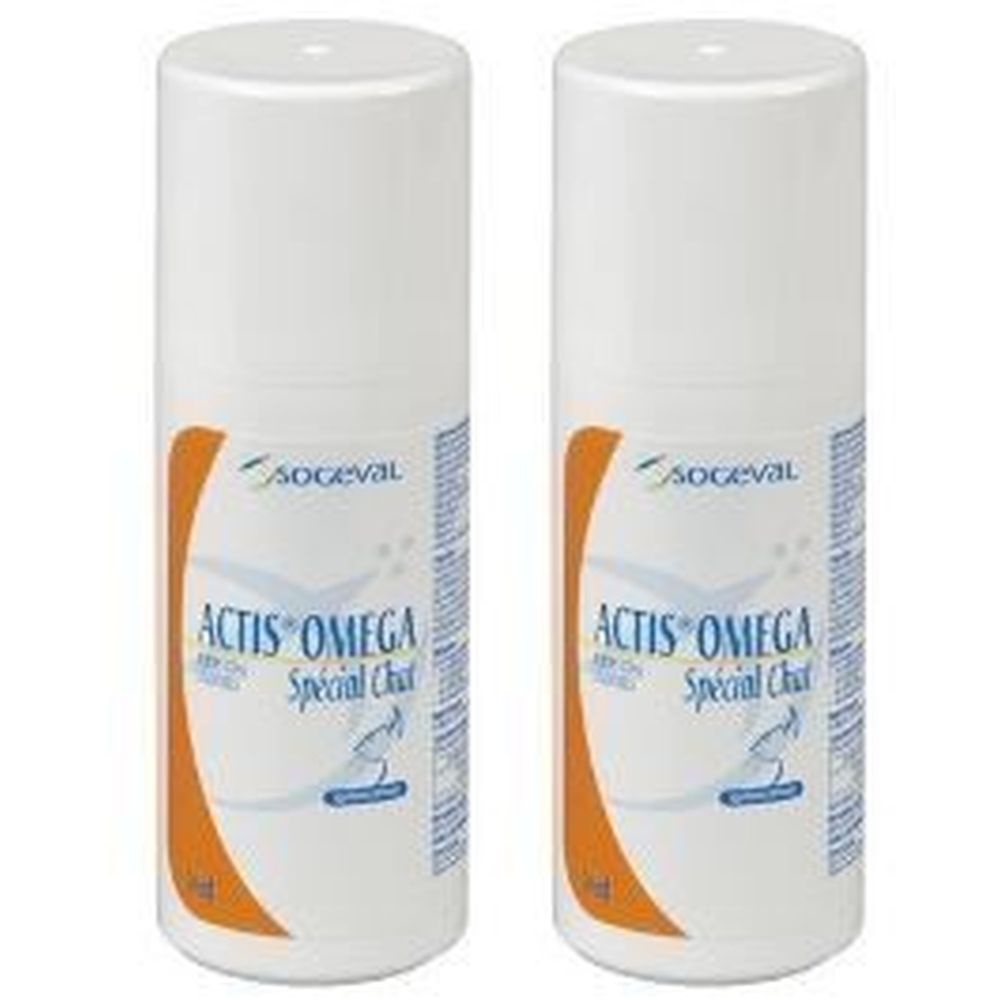 Deux flacons blancs avec étiquettes. Inscription: Actis Omega Spécial Chat. Logo: Soceval.