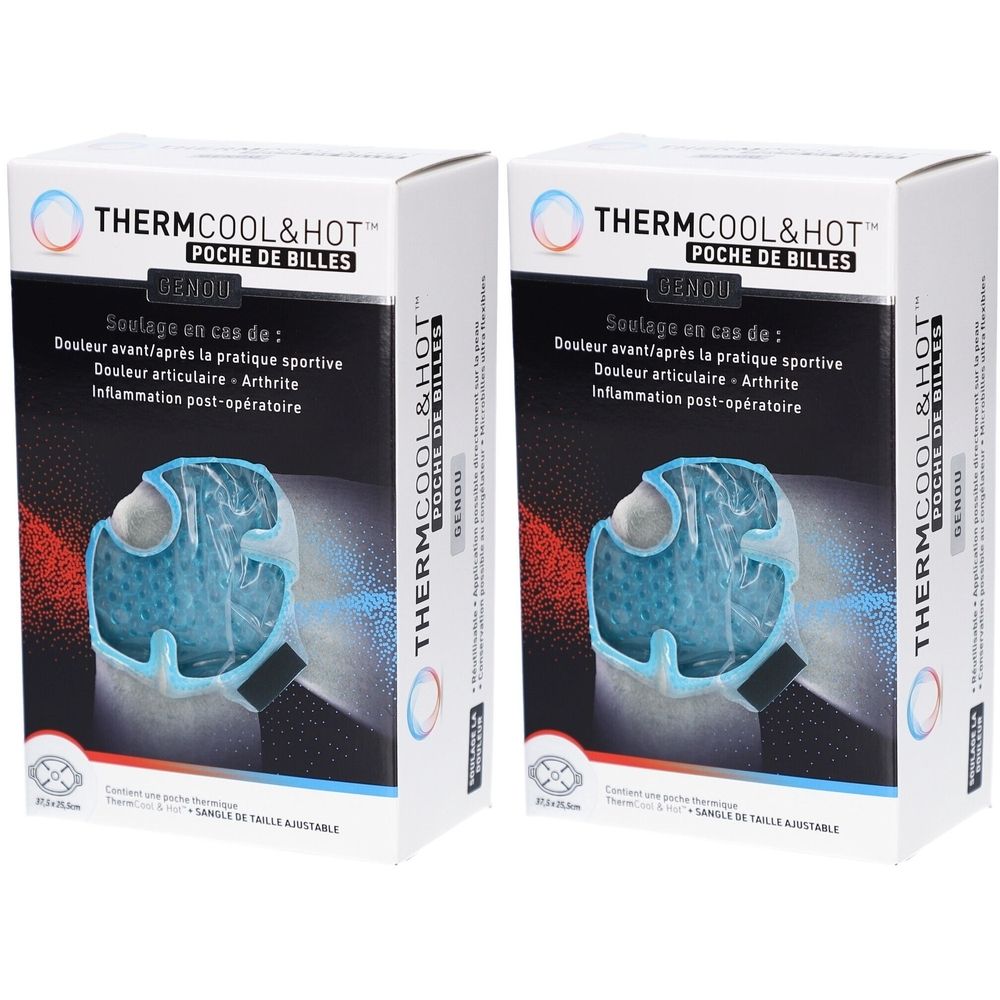 Deux boîtes rectangulaires Thermcool&Hot Poche de Billes Genou. Contiennent un pack de gel pour genou. Inscription: Soulage en cas de...