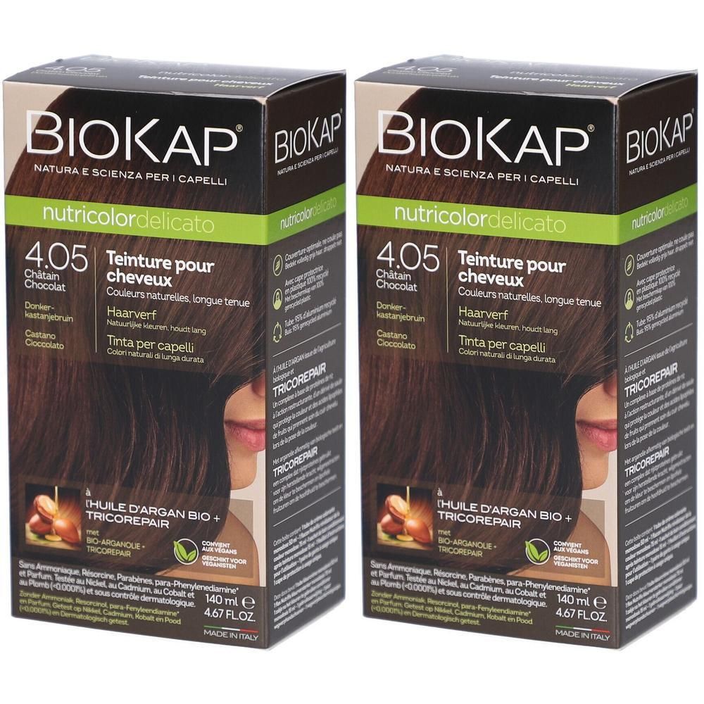 Deux boîtes Biokap Nutricolordelicato 4.05 Châtain Chocolat. Inscriptions: Tricorepair, huile d'argan, couleurs naturelles, longue tenue.