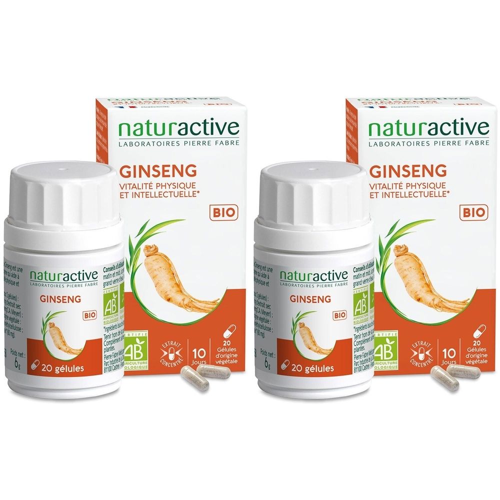 Deux flacons et deux boîtes de Naturactive Ginseng. Inscription: Vitalité Physique et Intellectuelle, Bio. 20 gélules.