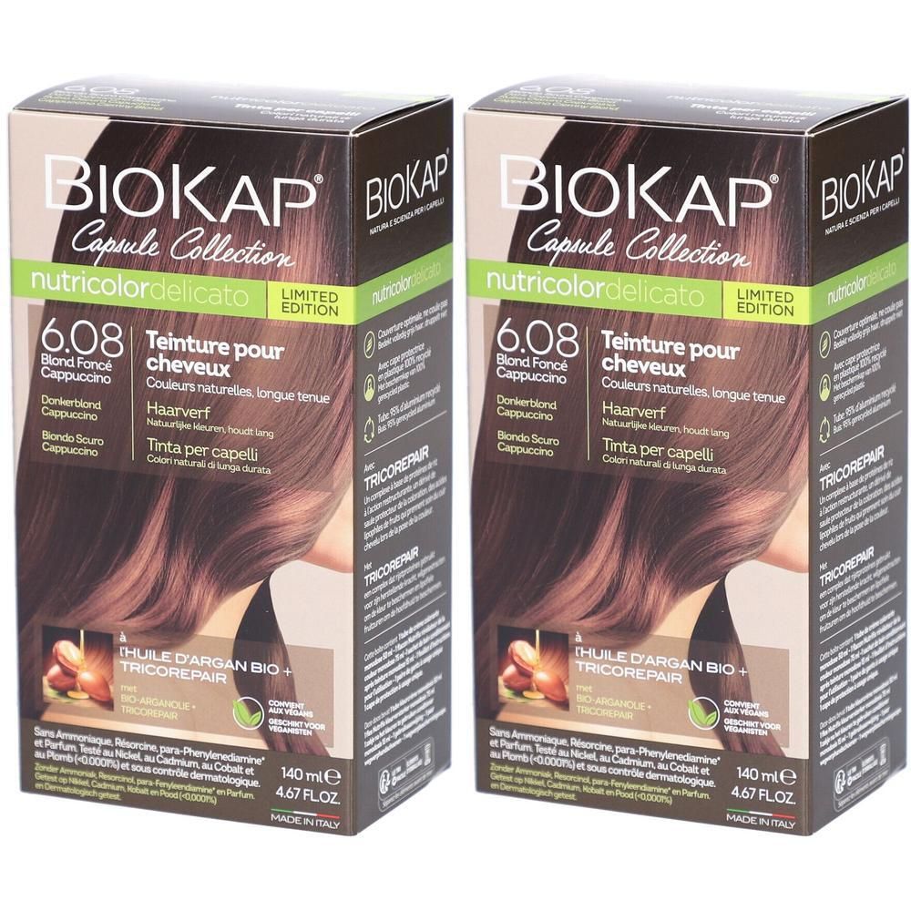 Deux boîtes de Biokap Nutricolordelicato 6.08 Blond Foncé Cappuccino. Emballages avec image et texte.