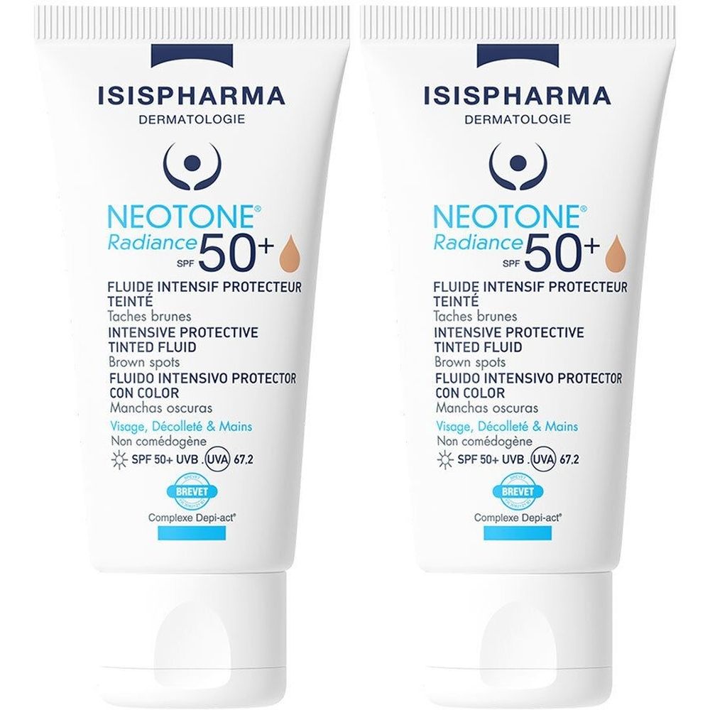 Deux tubes de ISISPHARMA Neotone Radiance SPF50+. Tubes blancs avec texte bleu et marron. Texte: Fluide Intensif Protecteur Teinte.