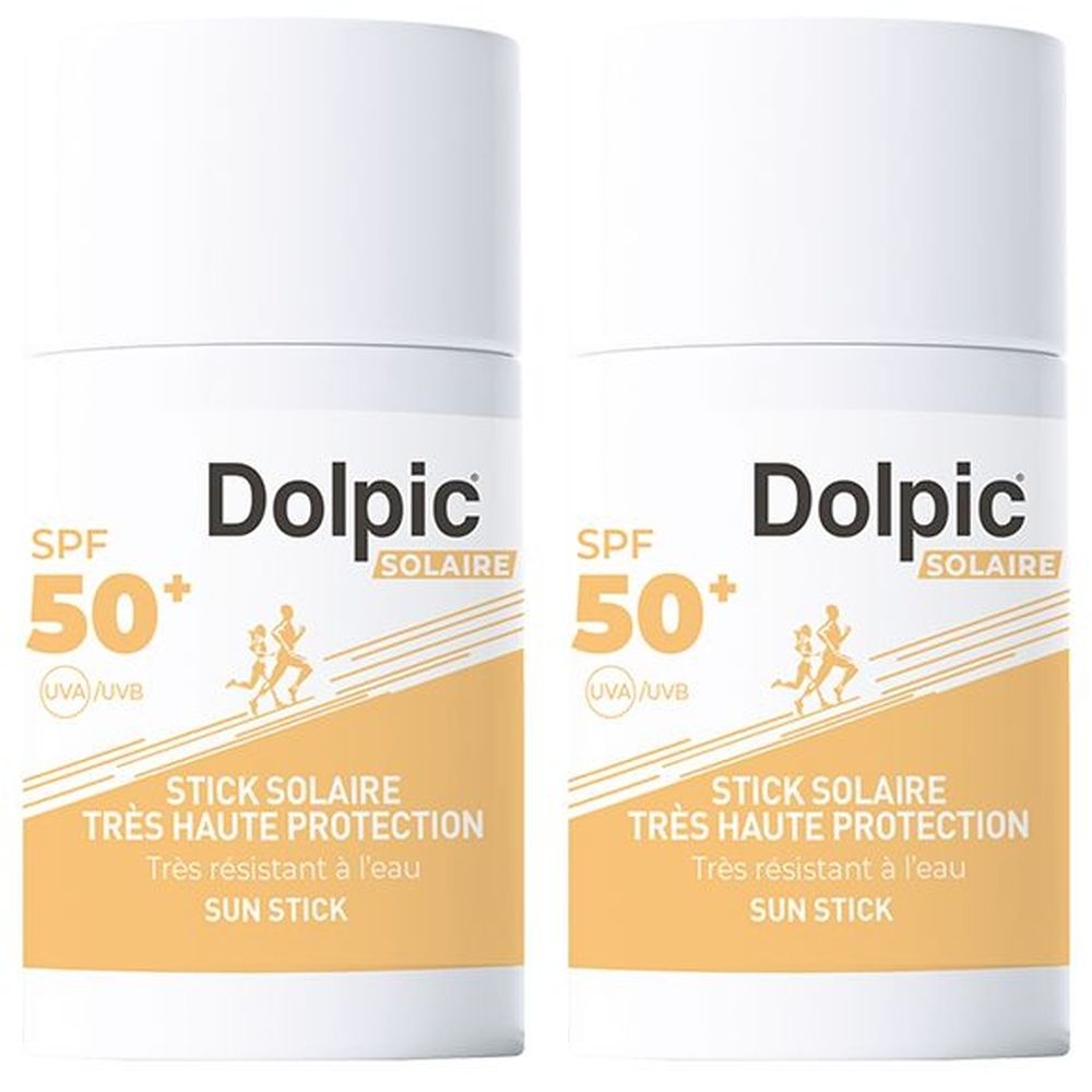 Deux sticks solaires blancs avec accents jaunes. Inscription: Dolpic Solaire, SPF 50+, Stick Solaire, Très Haute Protection, Sun Stick.