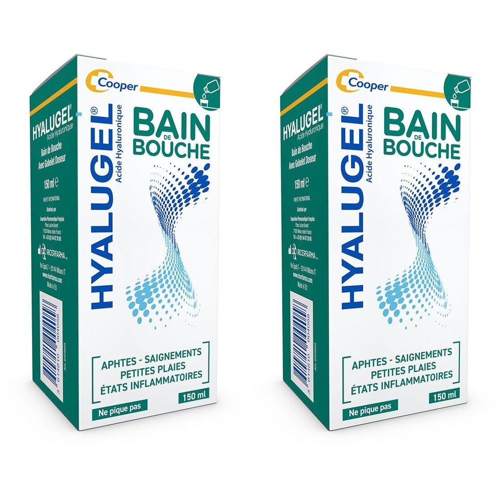 Deux boîtes rectangulaires. Inscription: HYALUGEL, BAIN BOUCHE, aphtes, petites plaies, états inflammatoires. Marque Cooper.