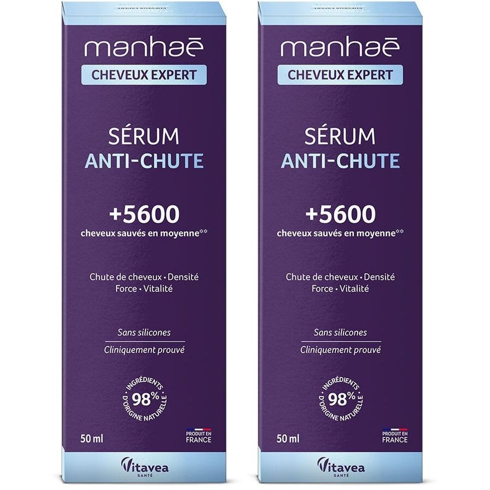 Deux boîtes violettes. Texte: Manhaé Cheveux Expert Sérum Anti-Chute. Contient 50 ml. Ingrédients naturels à 98%. Sans silicones.