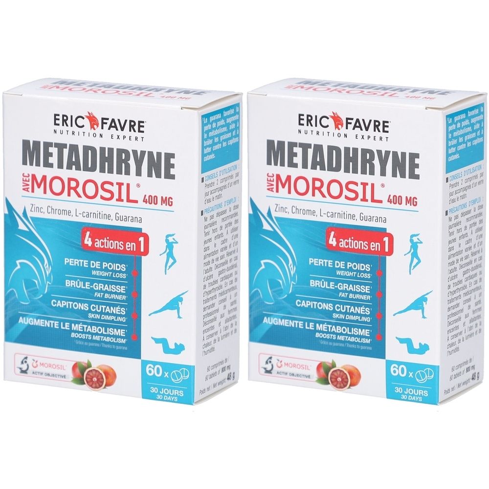 Deux boîtes de METADHRYNE MOROSIL 400 MG. Inscription: 4 actions en 1. Contient 60 gélules pour 30 jours.