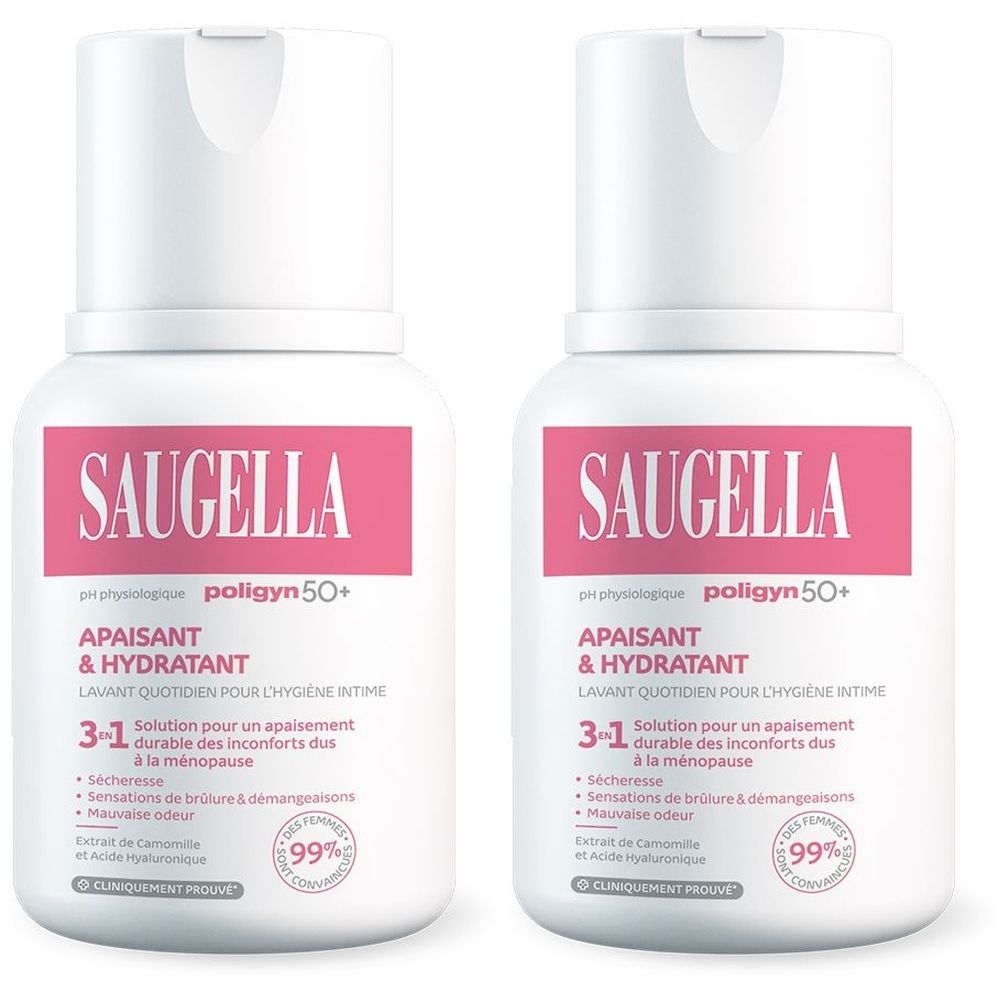 Deux flacons blancs avec étiquettes roses. Inscription SAUGELLA, poligyn 50+. Texte: Apaisant & Hydratant. Solution 3-1 pour les inconforts de la ménopause.