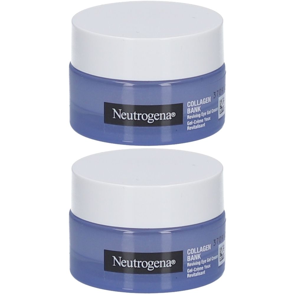 Deux pots de crème pour les yeux Neutrogena Collagen Bank. Pots bleus avec couvercles blancs. Texte noir sur étiquette.