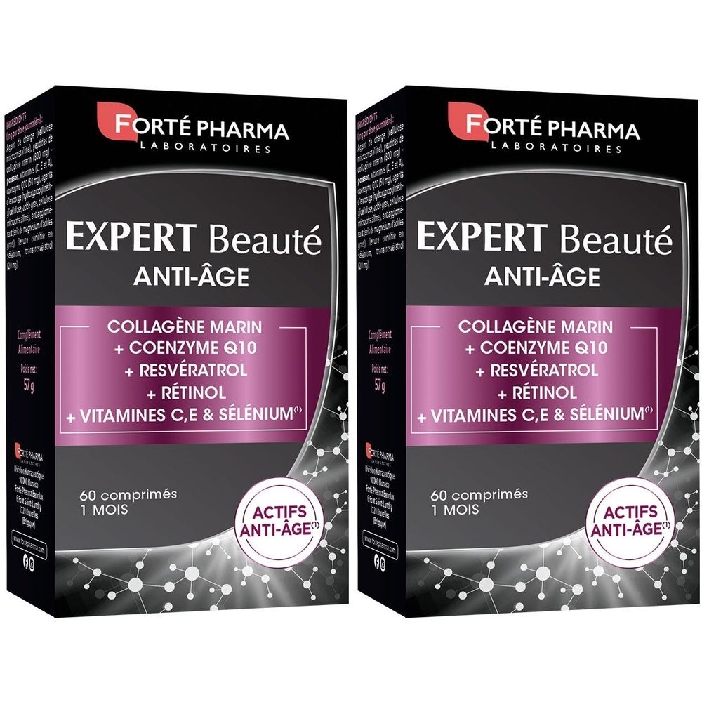 Deux boîtes EXPERT Beauté ANTI-ÂGE. Emballage noir avec nom et ingrédients. Contient 60 comprimés.