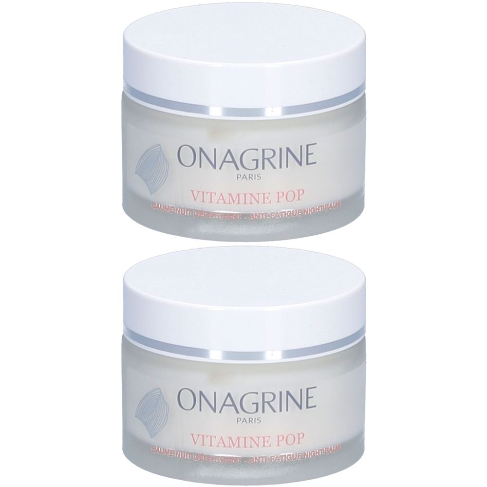 Deux pots avec couvercles blancs. Inscription "ONAGRINE PARIS VITAMINE POP" sur les pots.