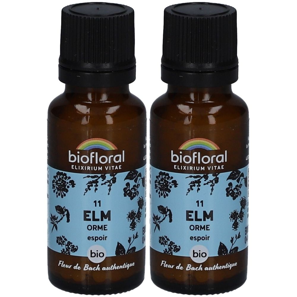 Deux flacons en verre brun avec bouchons noirs. Étiquettes : "biofloral ELIXIRIUM VITAE", "11 ELM ORME espoir bio Fleur de Bach authentique".