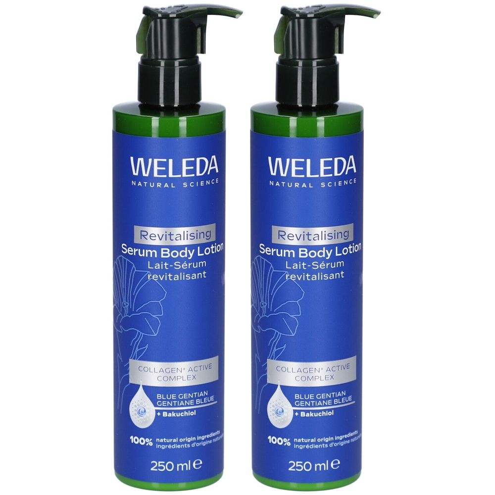 Deux flacons bleus avec pompe noire. Inscription: WELEDA, Revitalising Serum Body Lotion, 250 ml. Contient de la gentiane bleue et du bakuchiol.