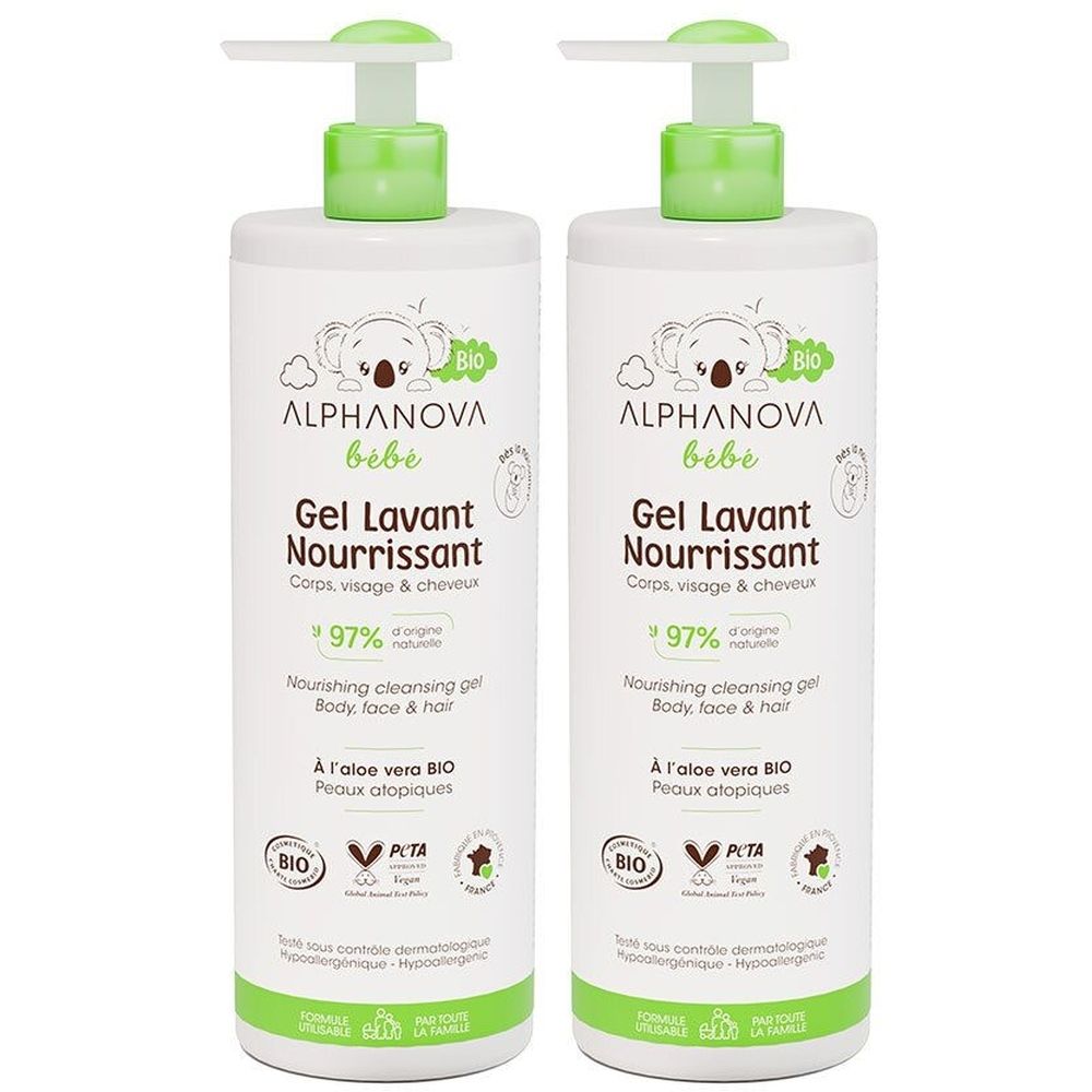 Deux flacons de gel lavant pour bébé avec pompes vertes. Inscription : ALPHANOVA bébé, Gel Lavant Nourrissant, 97% d'origine naturelle.
