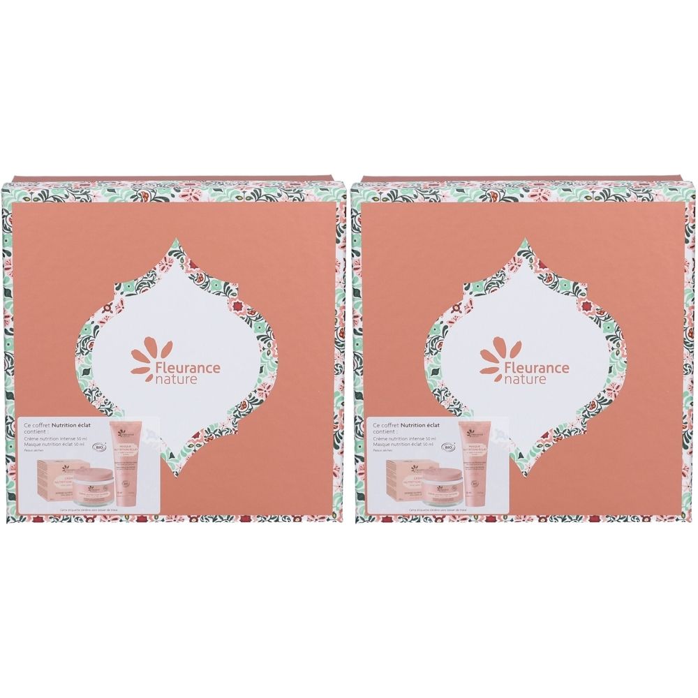 Deux coffrets cadeaux identiques. Sur chaque boîte : logo Fleurance Nature, fond rose, motif floral. Contient des produits.