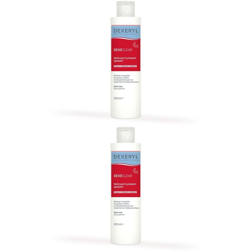 Deux flacons blancs avec étiquettes bleues et rouges. Inscription: DEXERYL, DEXECLEAR, Nettoyant hydratant apaisant.