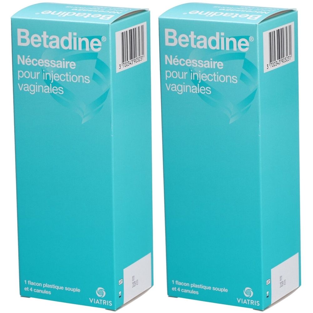 Deux boîtes turquoise avec "Betadine". Texte: "Nécessaire pour injections vaginales". Contient 1 flacon et 4 canules. Marque Viatris.
