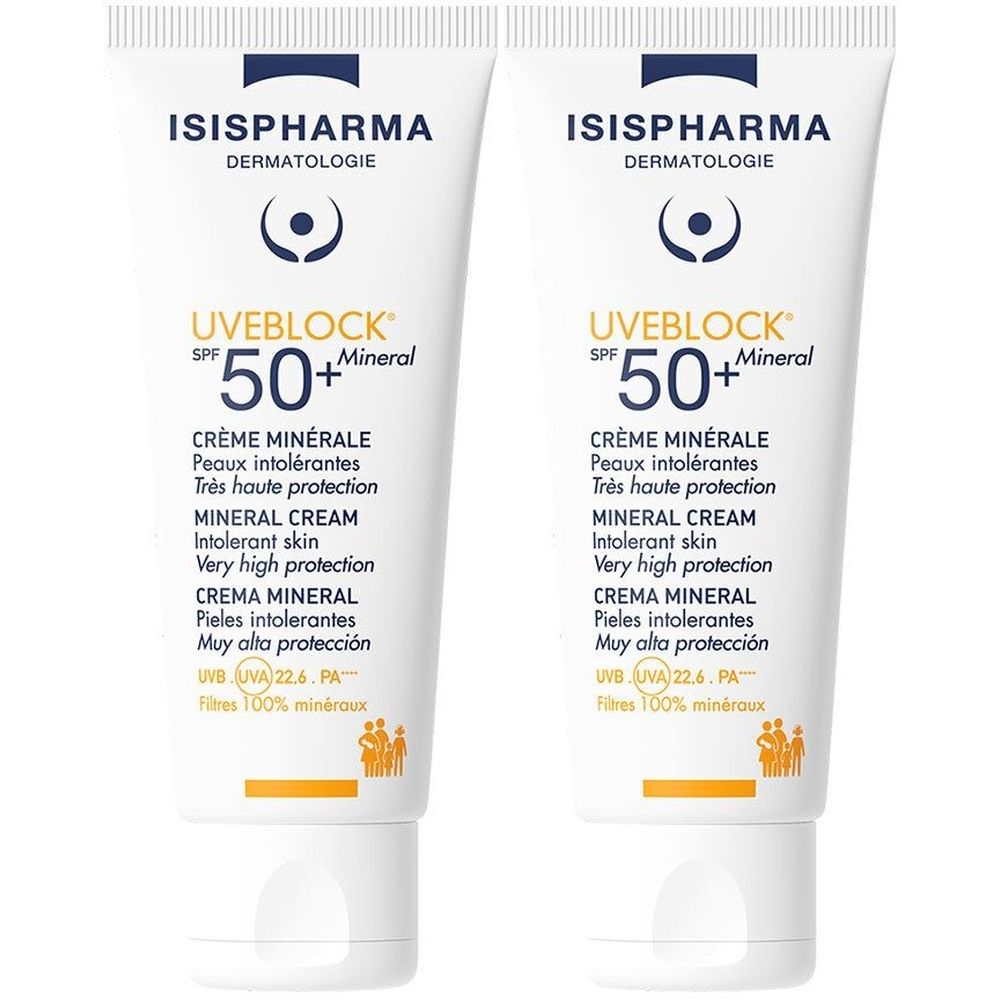 Deux tubes de ISISPHARMA Uveblock SPF 50+ Mineral. Tubes blancs avec texte bleu. Crème Minérale, Mineral Cream.