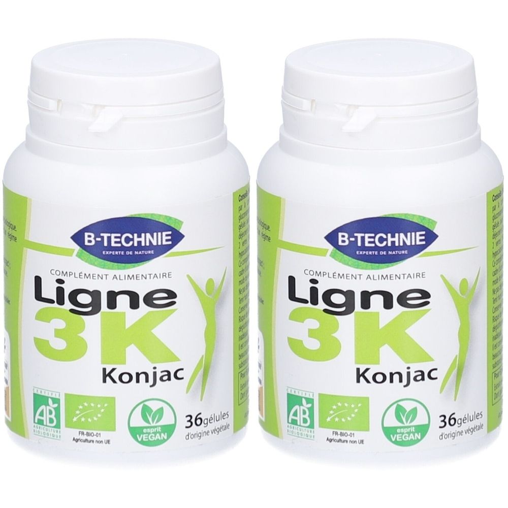 Deux flacons blancs avec étiquette verte. Inscription: Ligne 3K Konjac, 36 gélules. Label Vegan. Marque B-Technie.