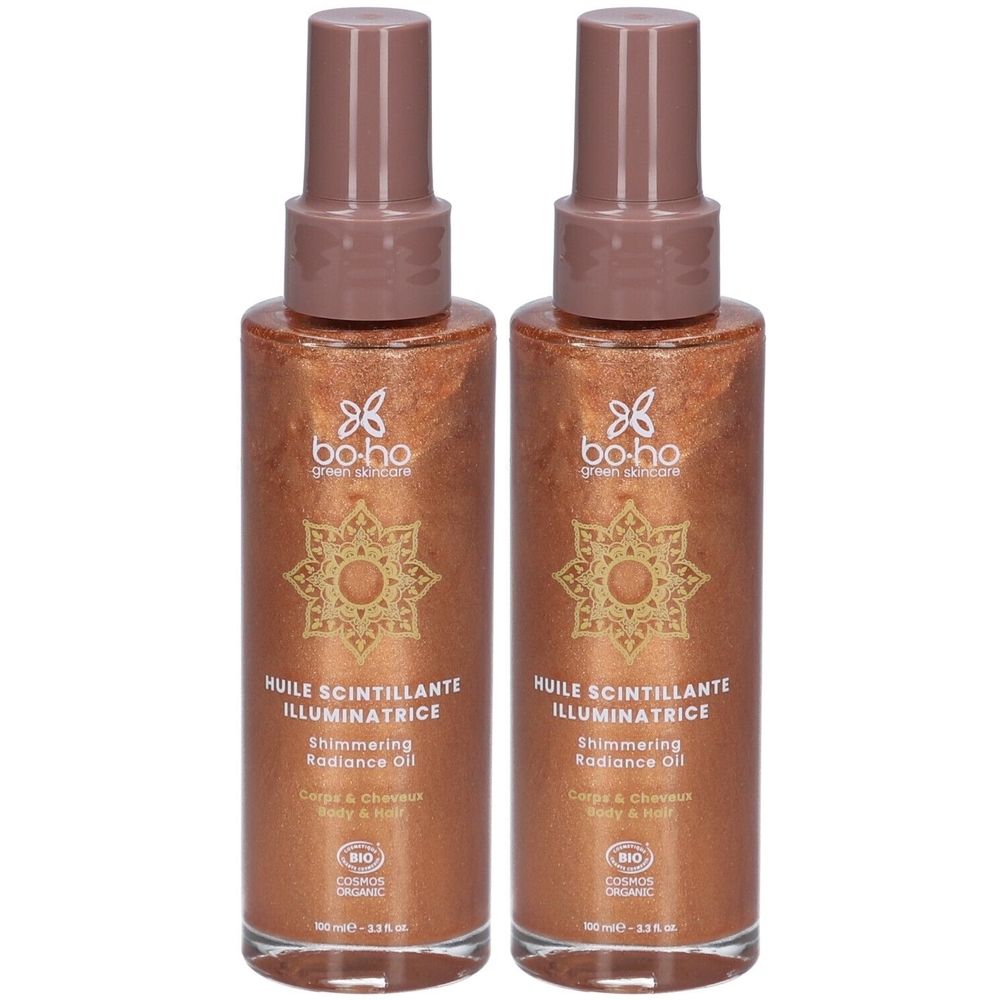 Deux flacons bruns scintillants. Inscription: bo-ho, Huile Scintillante Illuminatrice, Shimmering Radiance Oil. Certification bio.