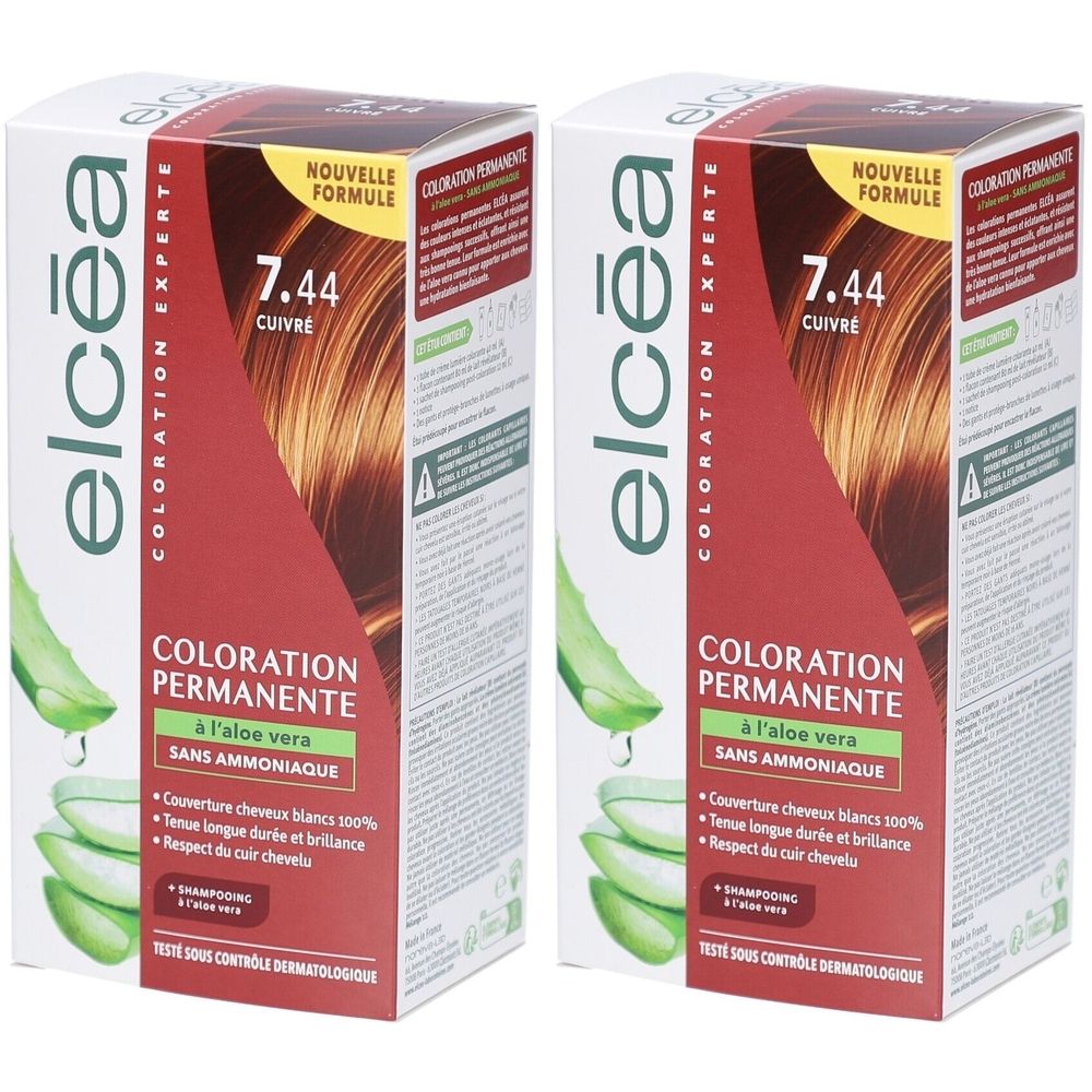 Deux boîtes de coloration capillaire Elcea 7.44 Cuivré. Coloration permanente à l'aloe vera, sans ammoniaque. Nouvelle formule.
