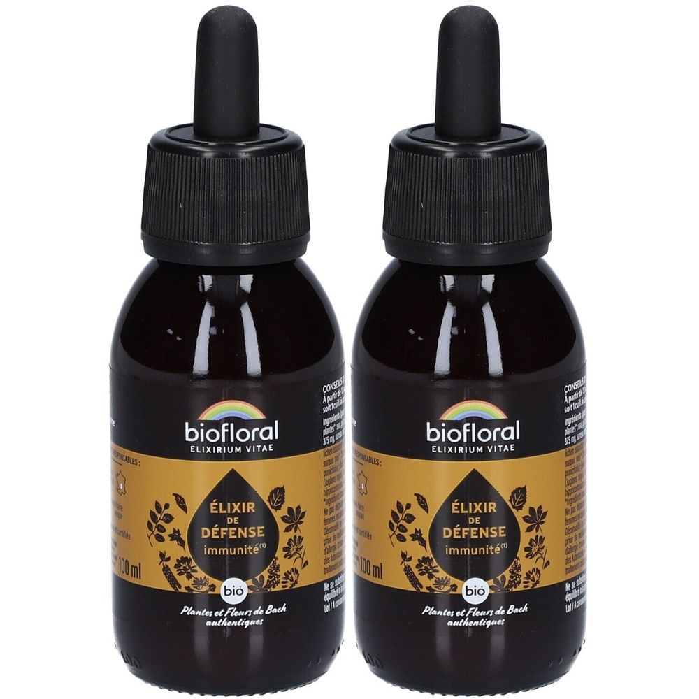Deux flacons en verre brun avec bouchons noirs et pipettes. Étiquettes : "biofloral ELIXIRIUM VITAE". Texte : "ÉLIXIR DE DÉFENSE immunité". Label "bio".