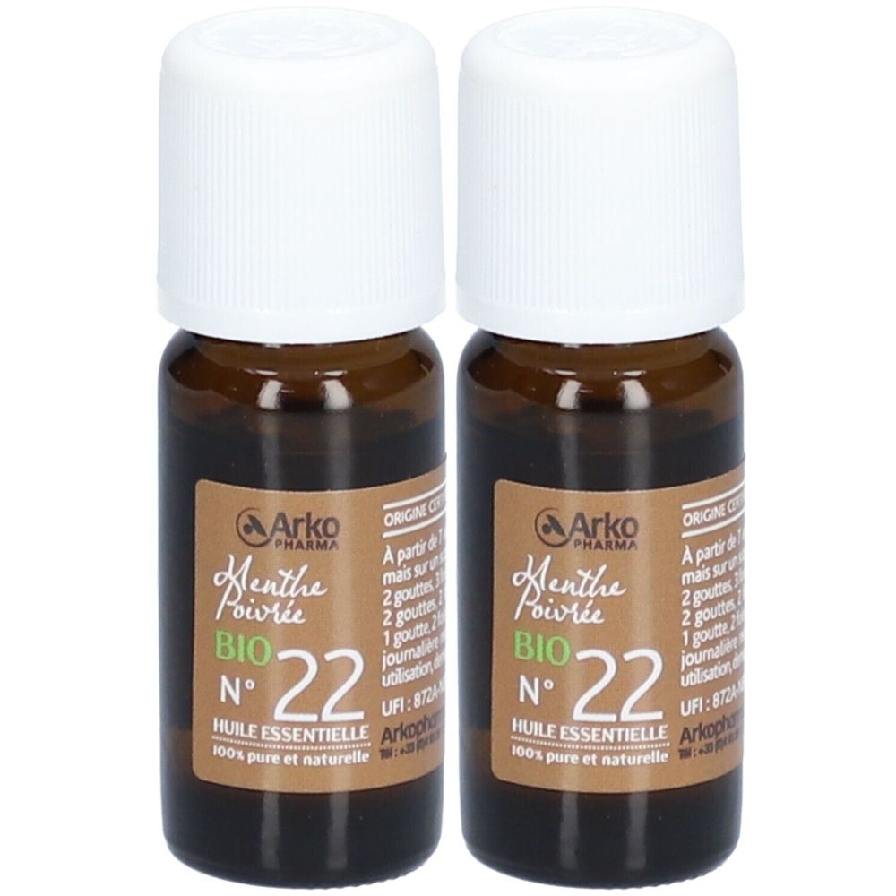 Deux flacons bruns avec bouchons blancs. Étiquettes : "Arko Pharma", "Menthe Poivrée BIO N° 22", huile essentielle.