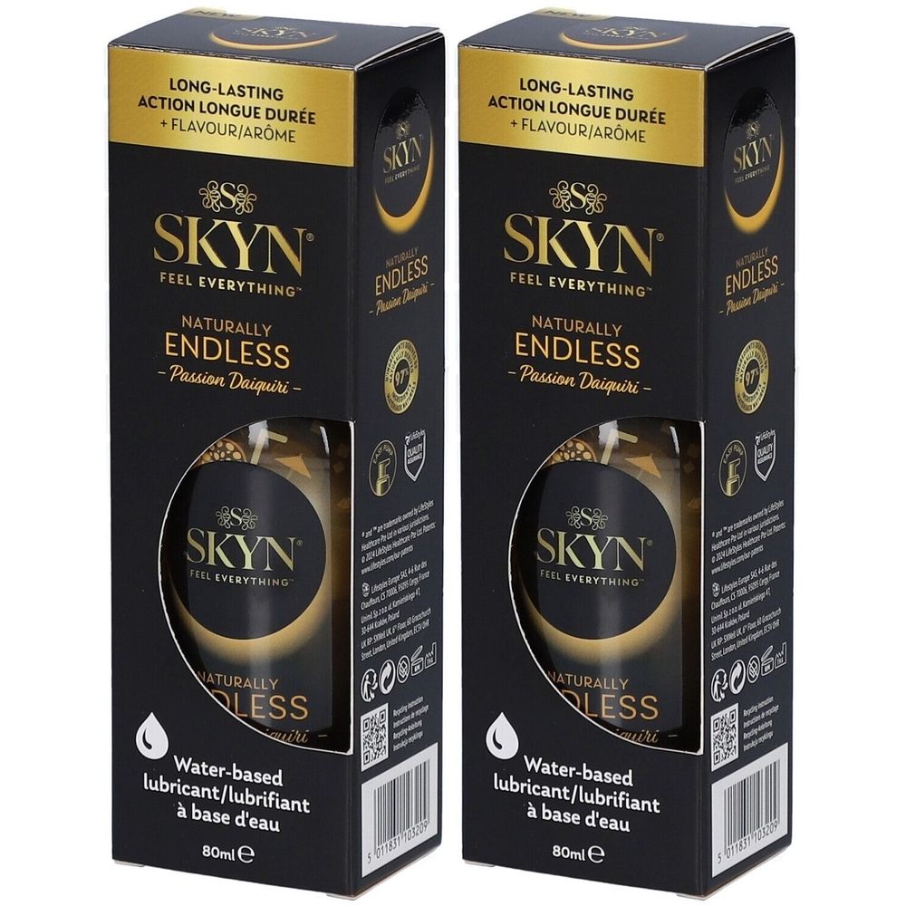 Deux boîtes de SKYN Naturally Endless. Emballage noir avec image du produit. Texte: Water-based lubricant/lubrifiant à base d'eau.