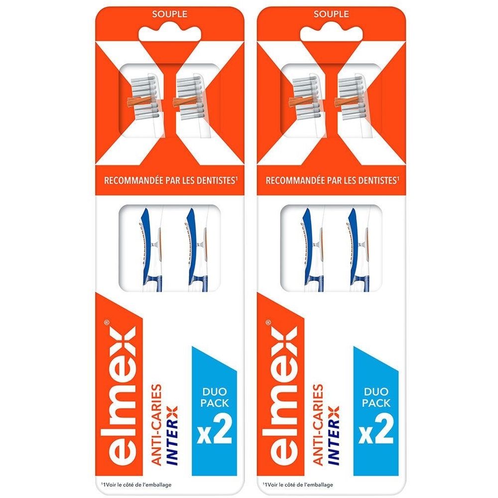 Deux paquets doubles de têtes de brosse à dents. Design orange et blanc avec des éléments bleus et blancs. Texte : Elmex, Anti-Caries Interx, Duo Pack x2.