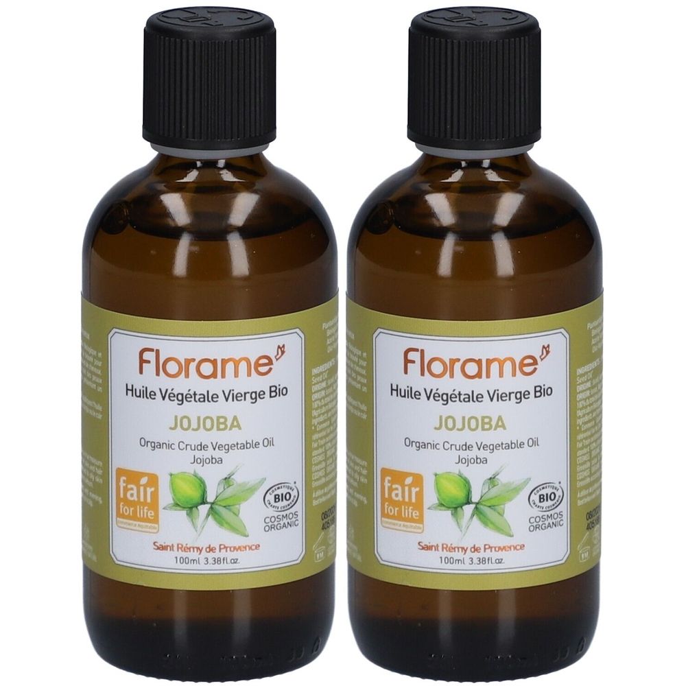 Deux flacons en verre brun avec bouchon noir. Étiquette avec texte : Florame, Jojoba, certification bio, Fair for Life.