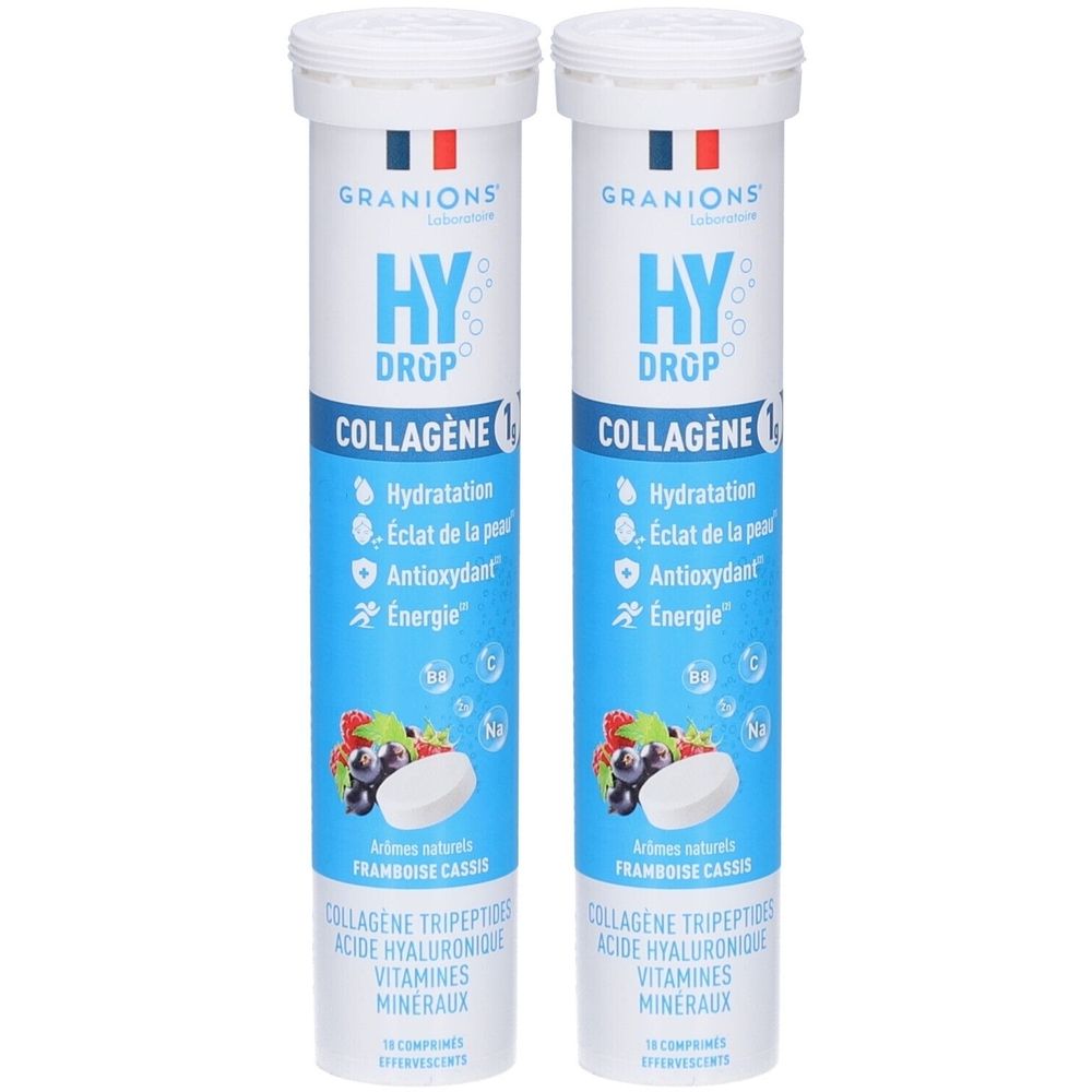 Deux tubes de GRANIONS HYDROP COLLAGÈNE. Emballage bleu et blanc avec informations produit et illustrations de fruits et comprimés.