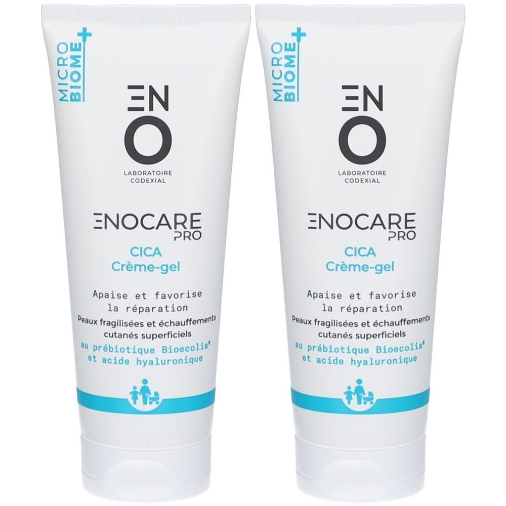 Deux tubes de crème-gel blancs. Inscription bleue: ENO, ENOCARE PRO Cica Crème-gel. Texte en français. Logo Micro Biome.