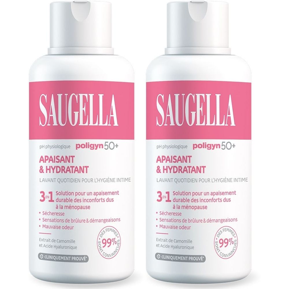 Deux flacons blancs avec étiquette rose. Inscription: SAUGELLA, poligyn 50+. Produit pour l'hygiène intime.