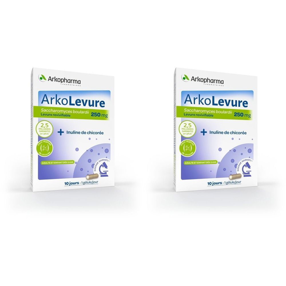 Deux boîtes ArkoLevure. Emballage blanc avec texte bleu et vert. Contient 250 mg. Avec Inuline de chicorée.
