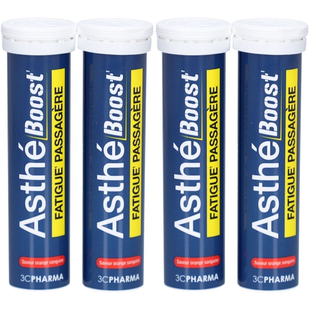 Quatre tubes bleus avec bouchons blancs. Inscription: Asthé Boost, FATIGUE PASSAGERE. Marque: 3C PHARMA. Saveur orange.