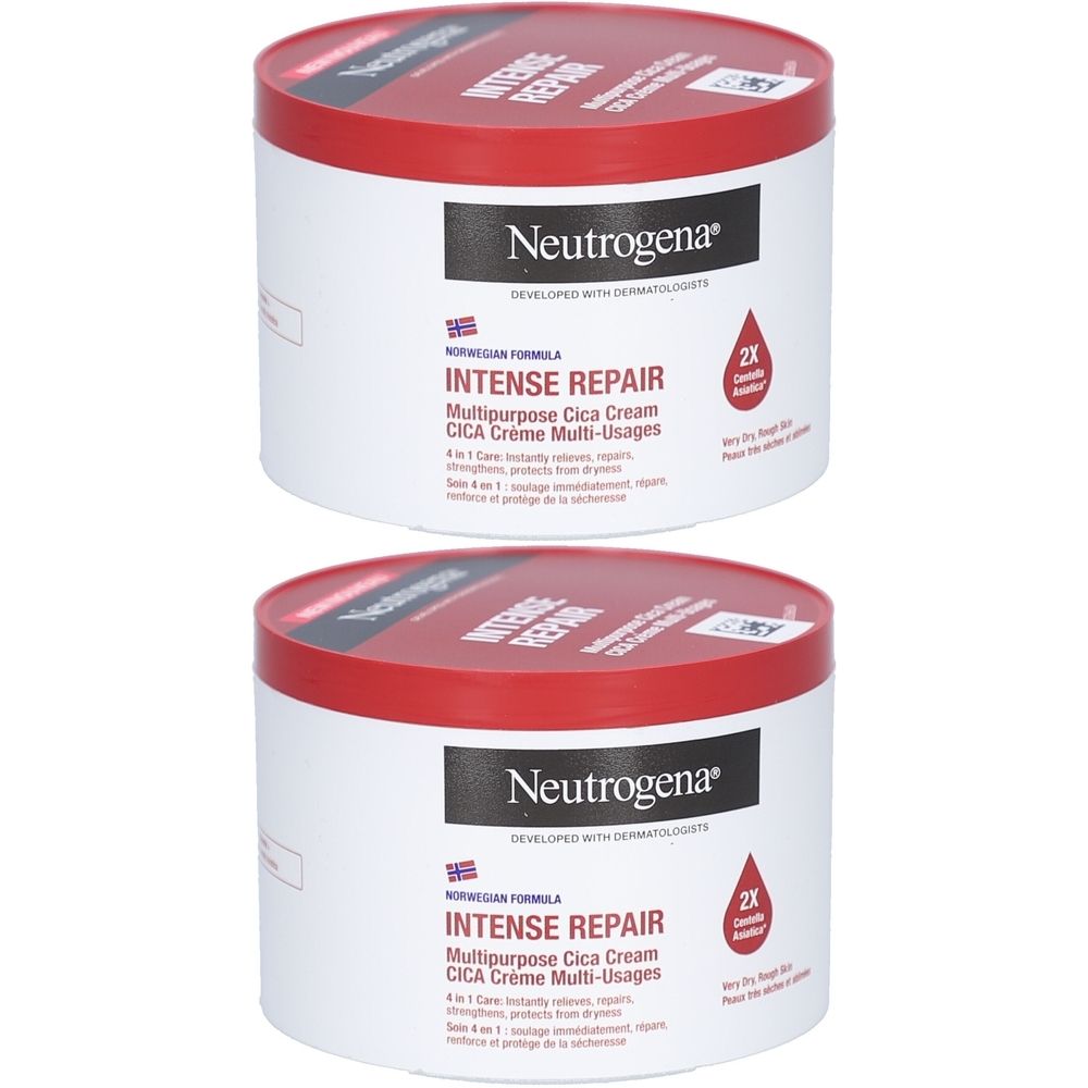 Deux pots blancs avec couvercles rouges. Inscription : Neutrogena INTENSE REPAIR. Crème Cica multi-usages. 2x.